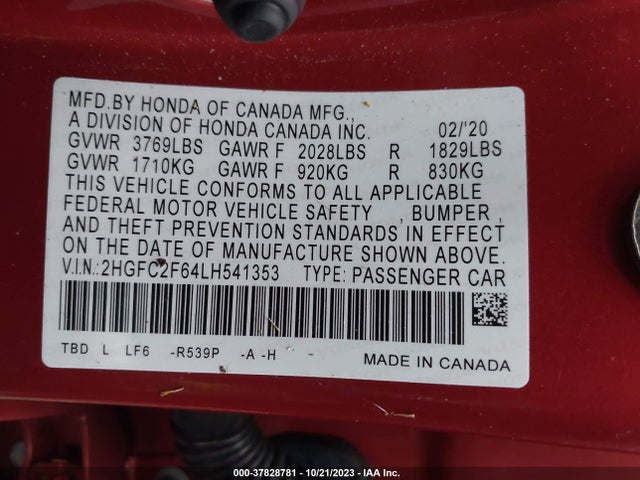 Honda Civic Lx 2020 2HGFC2F64LH541353 Image 9