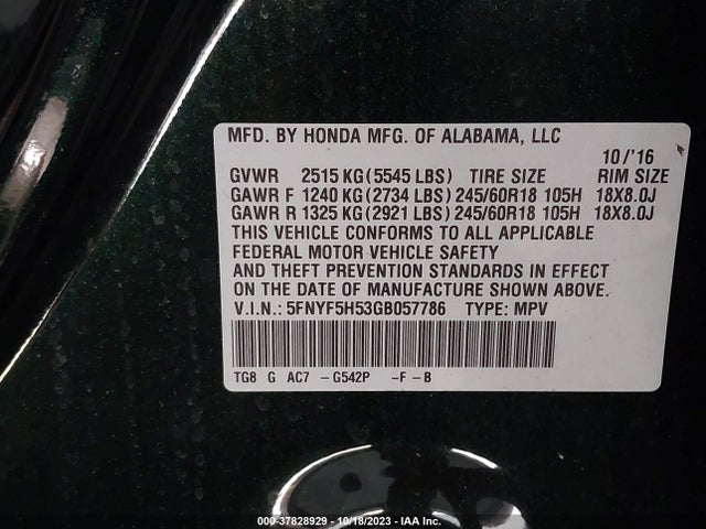 Honda Pilot Ex-l 2016 5FNYF5H53GB057786 Image 9