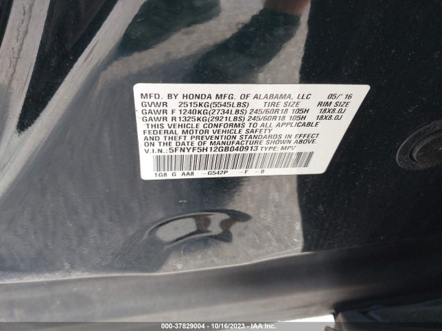 Honda PILOT LX 2016 5FNYF5H12GB040913 Image 9