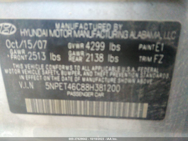 2008 HYUNDAI SONATA GLS VIN: 5NPET46C88H381200