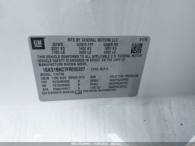 1GKS1BKC7FR585287 GMC YUKON SLT