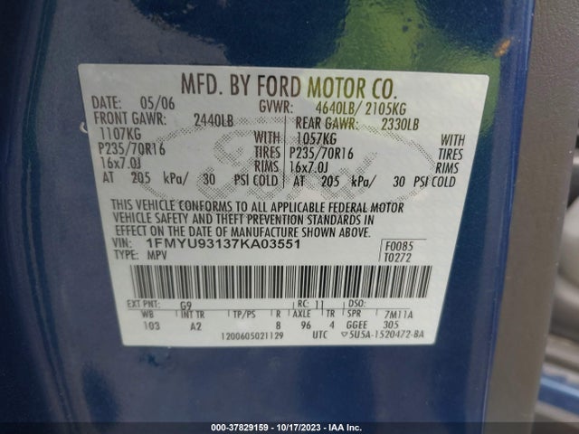 2007 FORD ESCAPE XLT VIN: 1FMYU93137KA03551