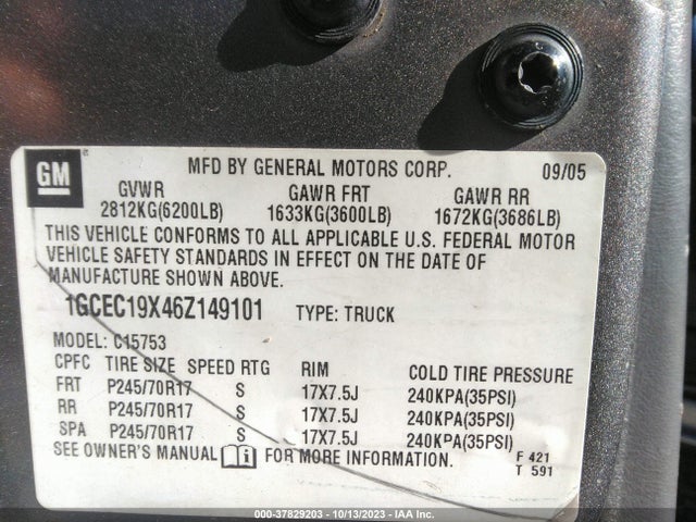2006 CHEVROLET SILVERADO 1500 WORK TRUCK VIN: 1GCEC19X46Z149101