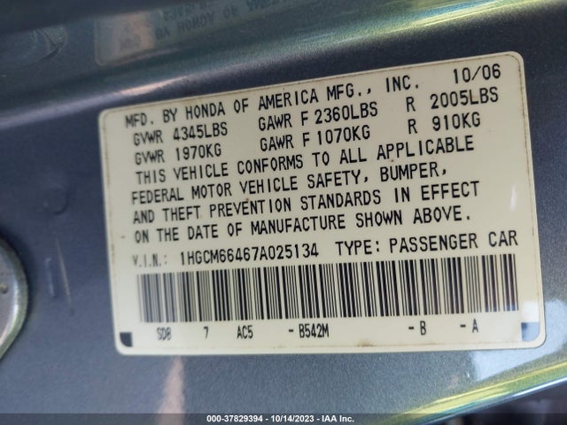 2007 HONDA ACCORD 3.0 SE VIN: 1HGCM66467A025134