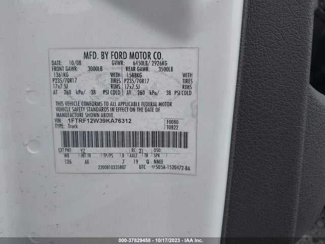 2009 FORD F-150 XLT/STX/XL VIN: 1FTRF12W39KA76312