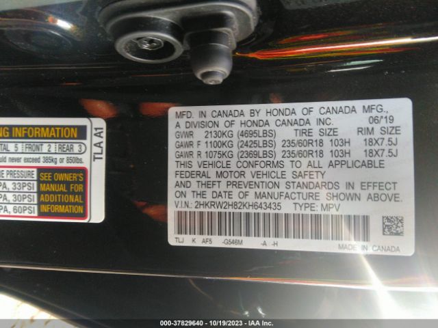 2HKRW2H82KH643435 Honda Cr-v Ex-l