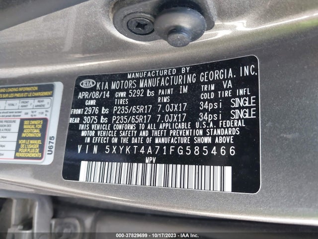 KIA Sorento Lx V6 2015 5XYKT4A71FG585466 Image 9
