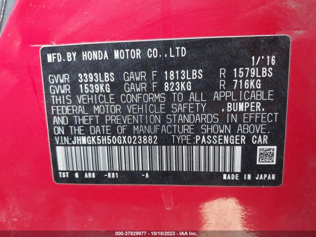Honda FIT LX 2016 JHMGK5H50GX023882 Image 9