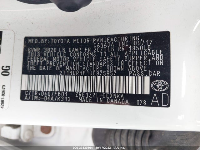 2018 TOYOTA COROLLA LE VIN: 2T1BURHE1JC975857
