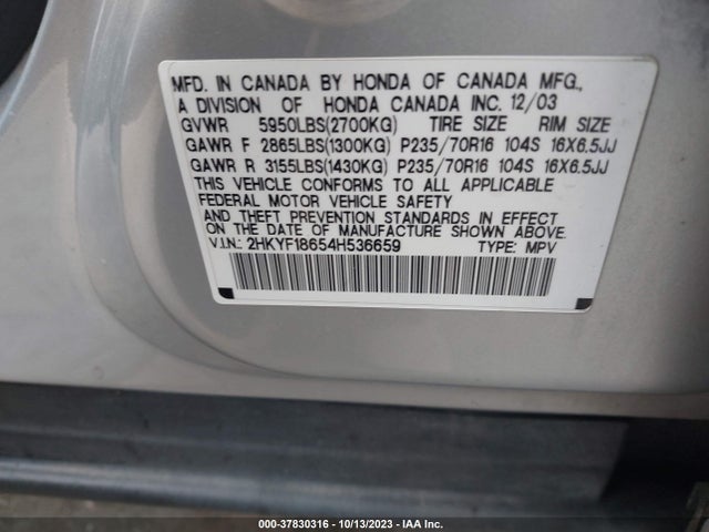 2004 HONDA PILOT EX VIN: 2HKYF18654H536659