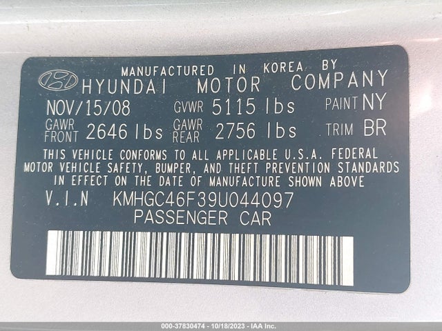 2009 HYUNDAI GENESIS VIN: KMHGC46F39U044097