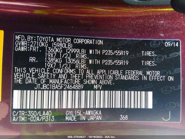 JTJBC1BA5F2464889 Lexus RX 450H