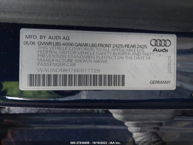 2006 AUDI A4 1.8T VIN: WAUAC48H76K011729