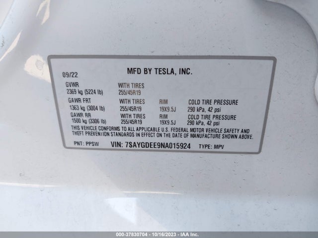 7SAYGDEE9NA015924 Tesla Model Y Long Range Dual Motor All-wheel Drive