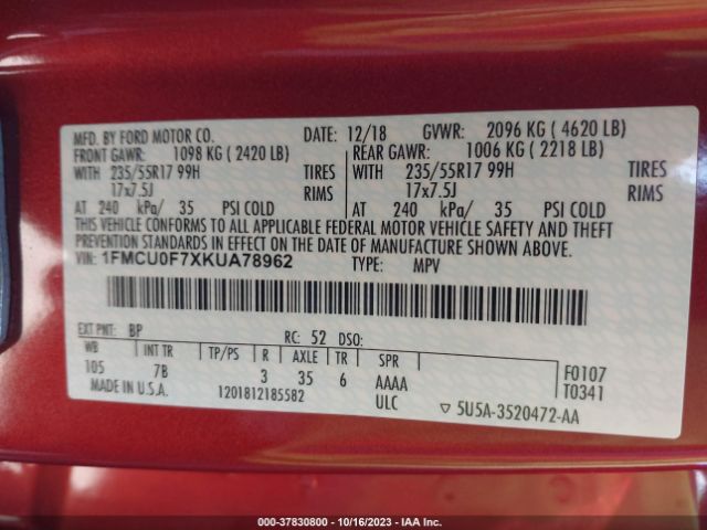 2019 FORD ESCAPE 1FMCU0F7XKUA78962 Photo 8