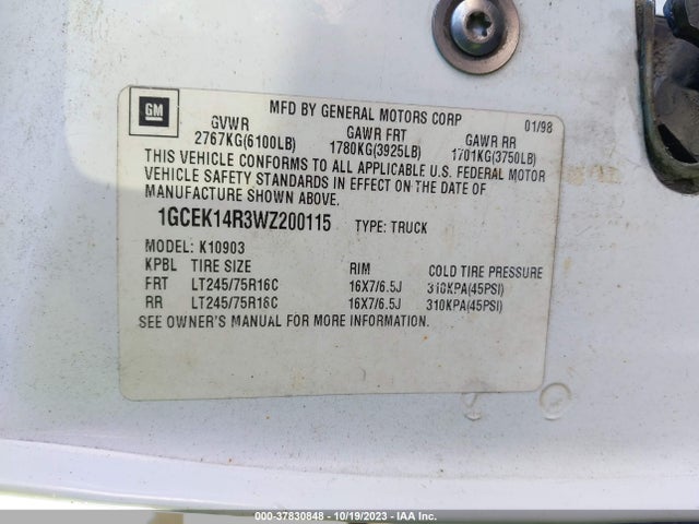 1998 CHEVROLET C/K 1500 VIN: 1GCEK14R3WZ200115