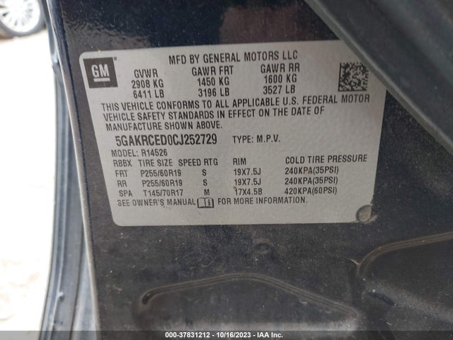 2012 BUICK ENCLAVE LEATHER VIN: 5GAKRCED0CJ252729