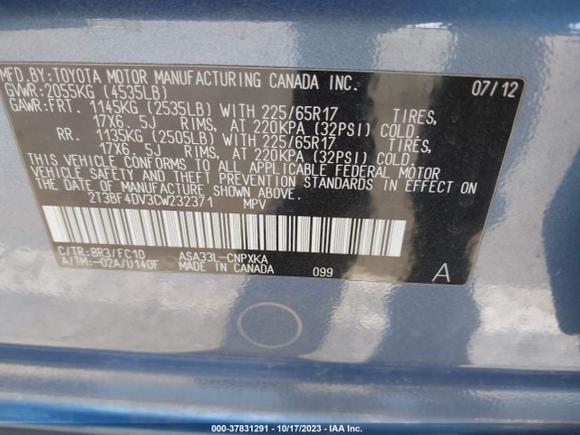 2012 TOYOTA RAV4 VIN: 2T3BF4DV3CW232371
