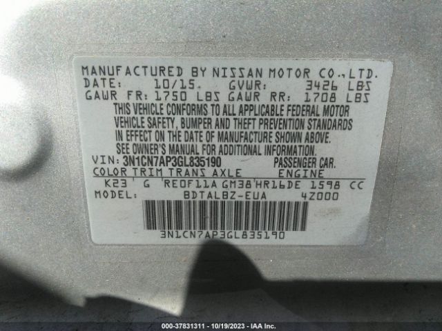 3N1CN7AP3GL835190 Nissan Versa 1.6 S/1.6 S+/1.6 Sl/1.6 Sv