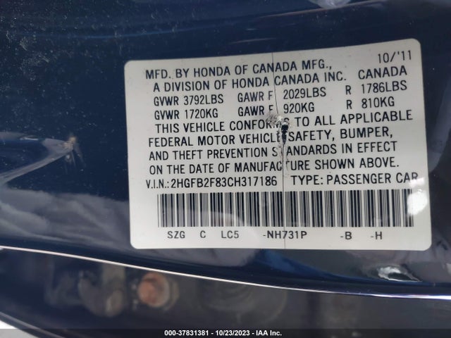 2012 HONDA CIVIC SDN EX VIN: 2HGFB2F83CH317186