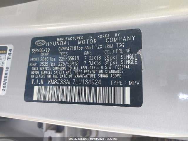 2020 HYUNDAI TUCSON SEL VIN: KM8J33AL7LU134924