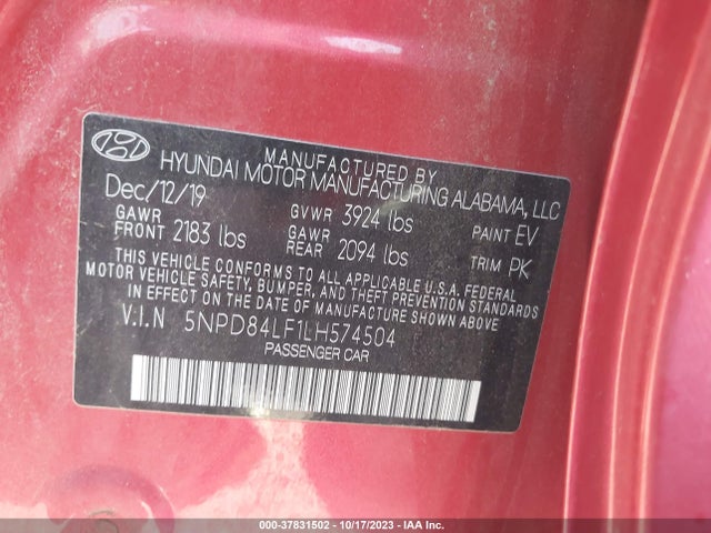 2020 HYUNDAI ELANTRA SEL VIN: 5NPD84LF1LH574504