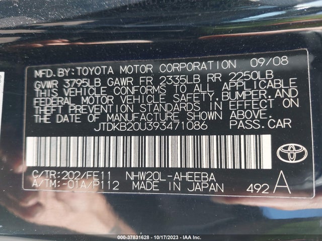 Aukcja sprzedaży 2009 Toyota Prius, vin: JTDKB20U393471086, numer aukcji: 37831628