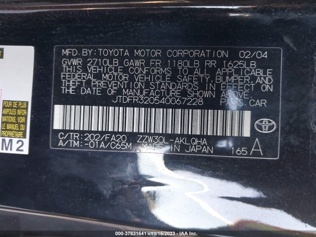 2004 TOYOTA MR2 SPYDER VIN: JTDFR320540067228