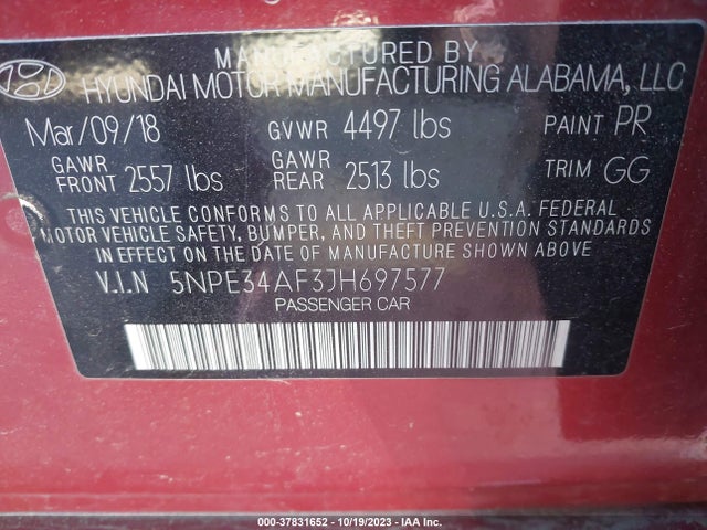2018 HYUNDAI SONATA LIMITED VIN: 5NPE34AF3JH697577