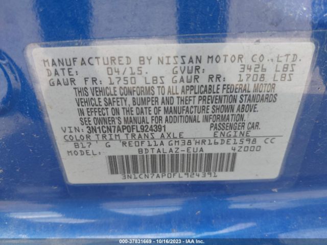 3N1CN7AP0FL924391 Nissan Versa S Plus