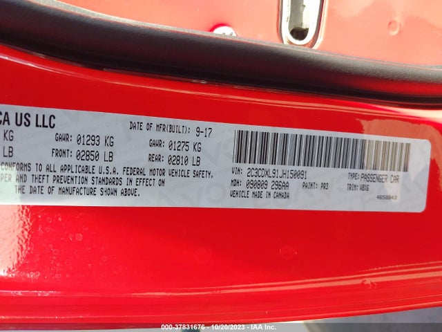 2018 DODGE CHARGER SRT HELLCAT RWD VIN: 2C3CDXL91JH150091