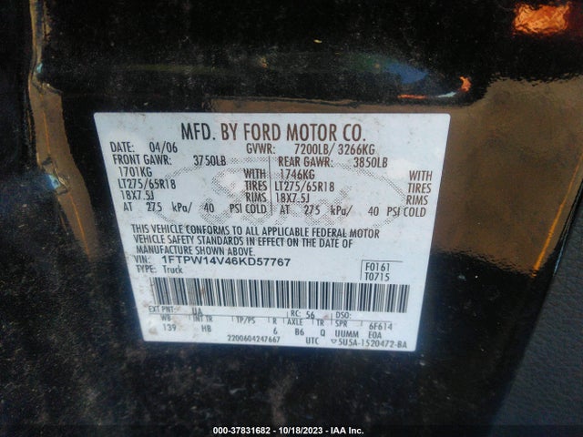 2006 FORD F-150 VIN: 1FTPW14V46KD57767