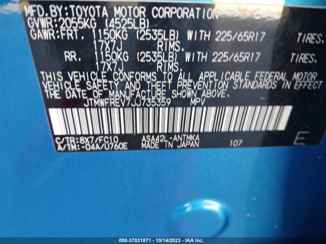 2018 TOYOTA RAV4 XLE VIN: JTMWFREV7JJ735359
