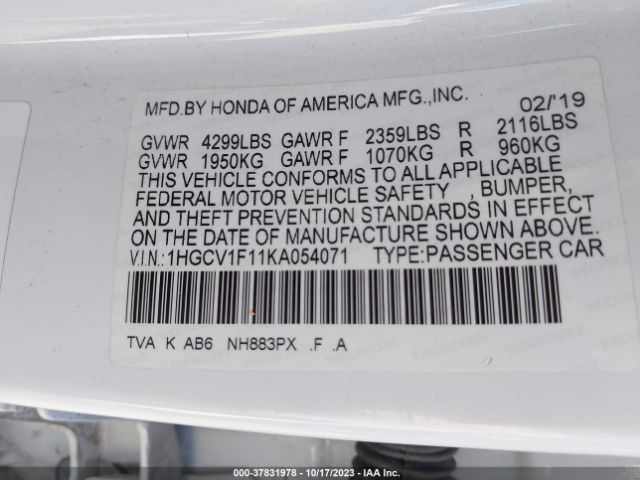 1HGCV1F11KA054071 Honda Accord Sedan Lx 1.5t