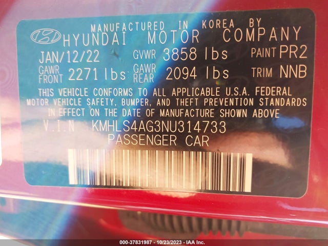 2022 HYUNDAI ELANTRA SEL VIN: KMHLS4AG3NU314733