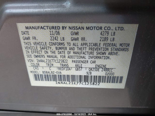 Aukcja sprzedaży 2007 Nissan Altima 2.5 S, vin: 1N4AL21E77C125822, numer aukcji: 37832098