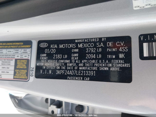 Aukcja sprzedaży 2020 Kia Forte Lxs, vin: 3KPF24AD7LE213391, numer aukcji: 37832150