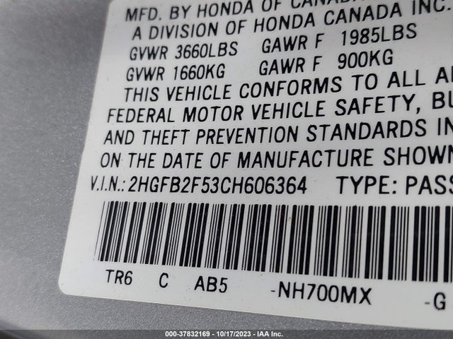 2012 HONDA CIVIC SDN LX VIN: 2HGFB2F53CH606364