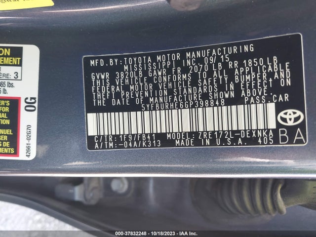 Toyota Corolla L/le/s/s Plus/le Plus 2016 5YFBURHE6GP398848 Image 9