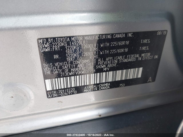 2019 TOYOTA RAV4 HYBRID XSE VIN: 2T3EWRFV0KW037754