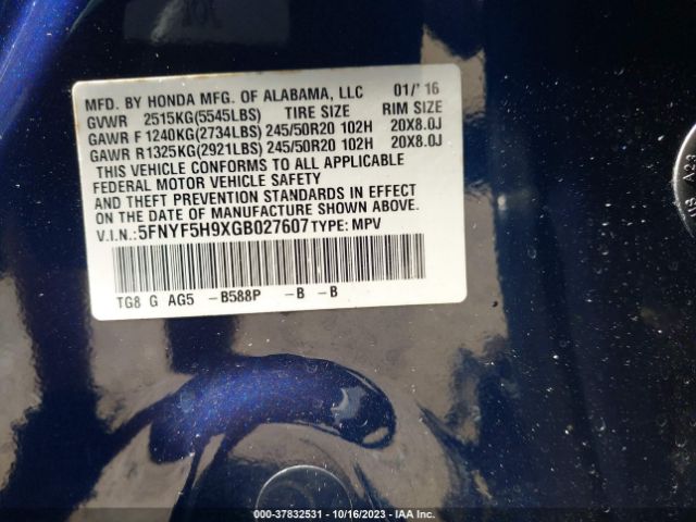5FNYF5H9XGB027607 Honda Pilot Touring