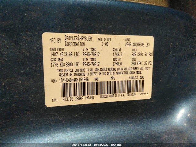 2006 DODGE DURANGO SLT VIN: 1D4HD48N46F154346