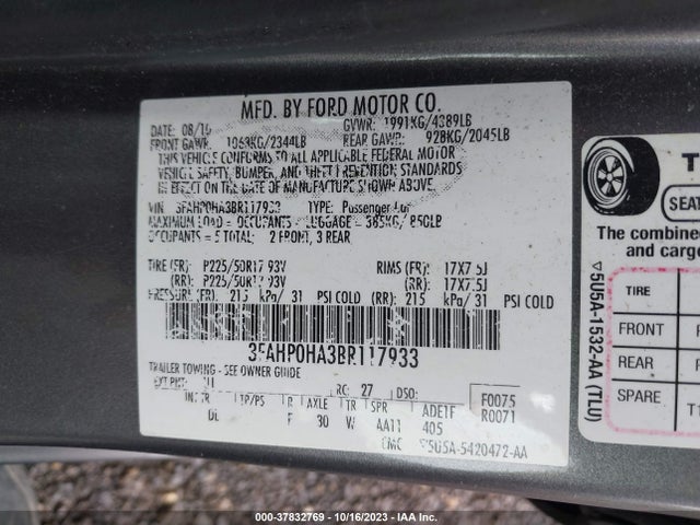 2011 FORD FUSION SE VIN: 3FAHP0HA3BR117933