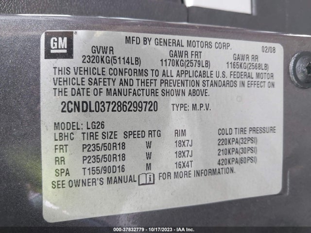 2008 CHEVROLET EQUINOX SPORT VIN: 2CNDL037286299720