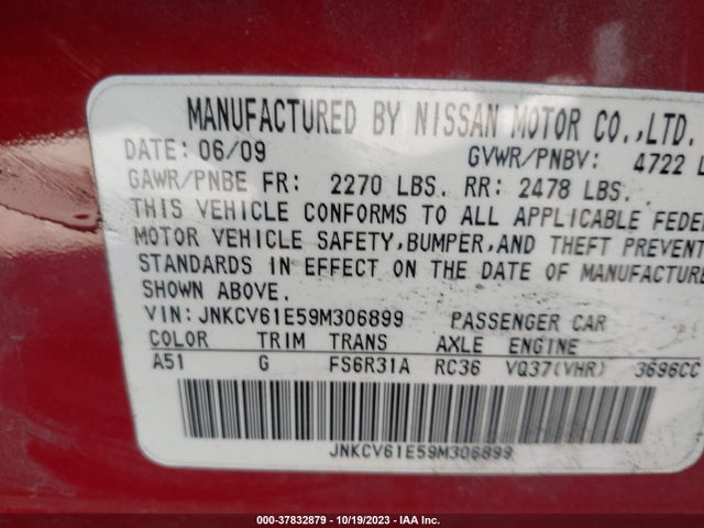 2009 INFINITI G37 S SPORT VIN: JNKCV61E59M306899