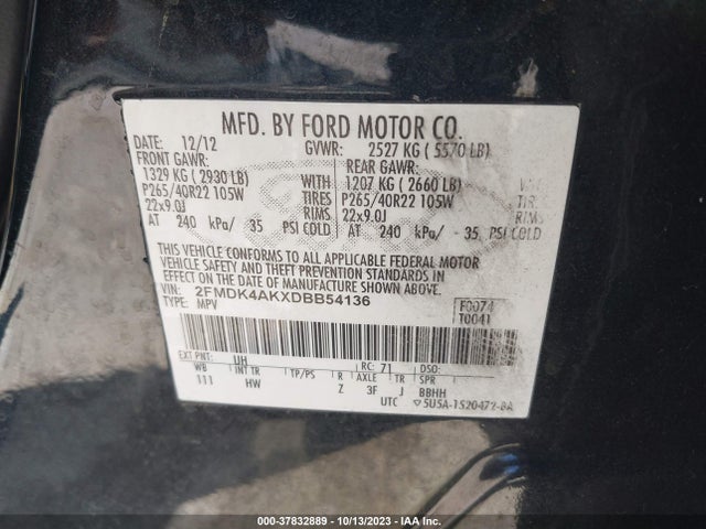 2013 FORD EDGE SPORT VIN: 2FMDK4AKXDBB54136