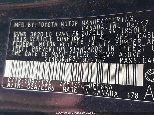 Toyota Corolla L/le/xle/se/xse 2018 2T1BURHE7JC973367 Image 9