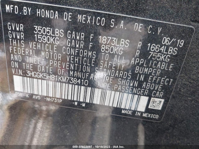 Honda FIT EX 2019 3HGGK5H81KM738410 Image 9