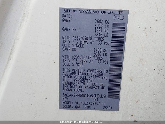 2013 NISSAN PATHFINDER SV VIN: 5N1AR2MM6DC669019