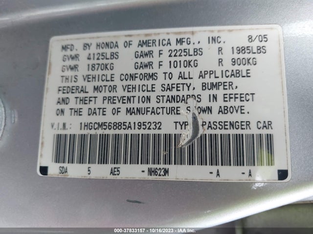 2005 HONDA ACCORD SDN EX-L VIN: 1HGCM56885A195232